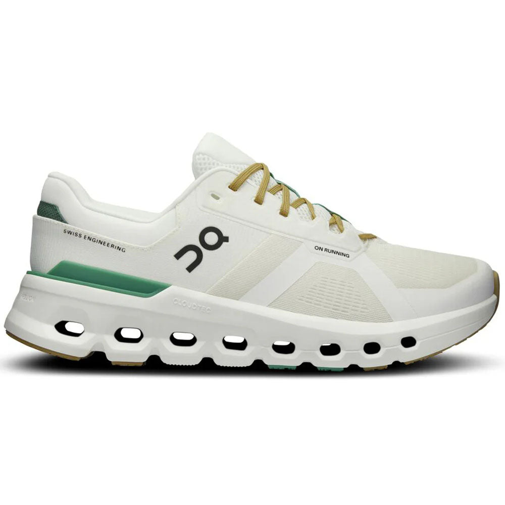 Side view on white background of Mens On Cloudrunner 2 running shoe in Undyed/Green, Wide width