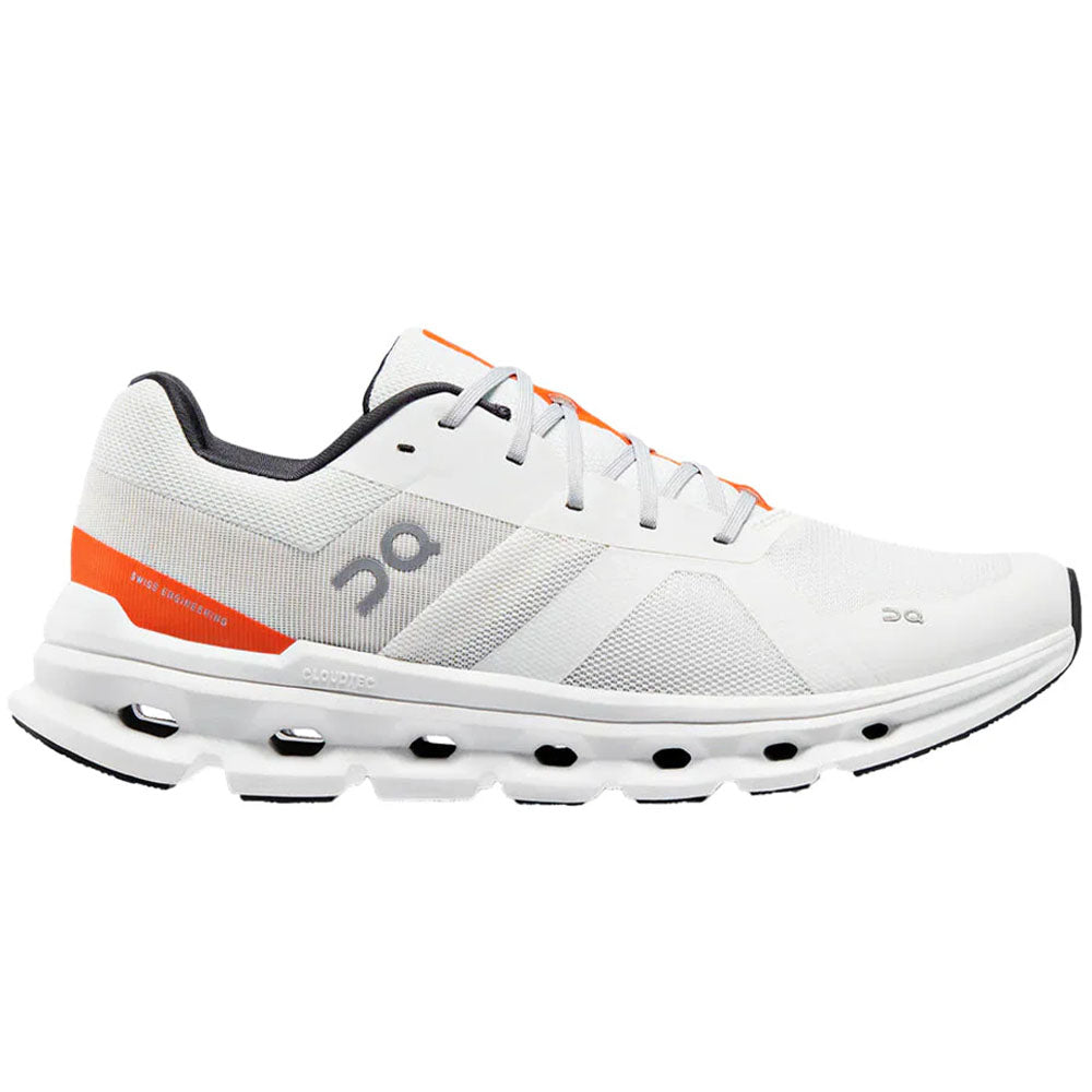 Side view on white background of Mens On Cloudrunner running shoe in Undyed-White/Flame, Medium (Regular) width