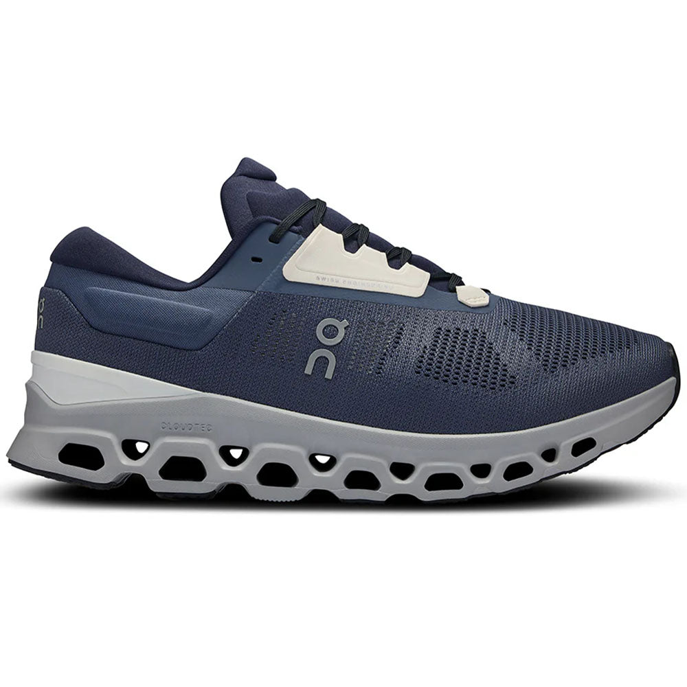 Side view on white background of Mens On Cloudstratus running shoe in Metal/Glacier, Medium (Regular) width