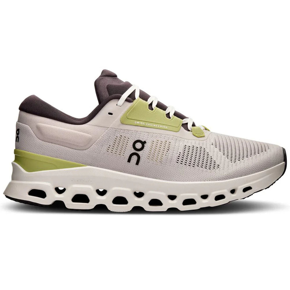 Side view on white background of Mens On Cloudstratus running shoe in Pearl/Ivory, Medium (Regular) width