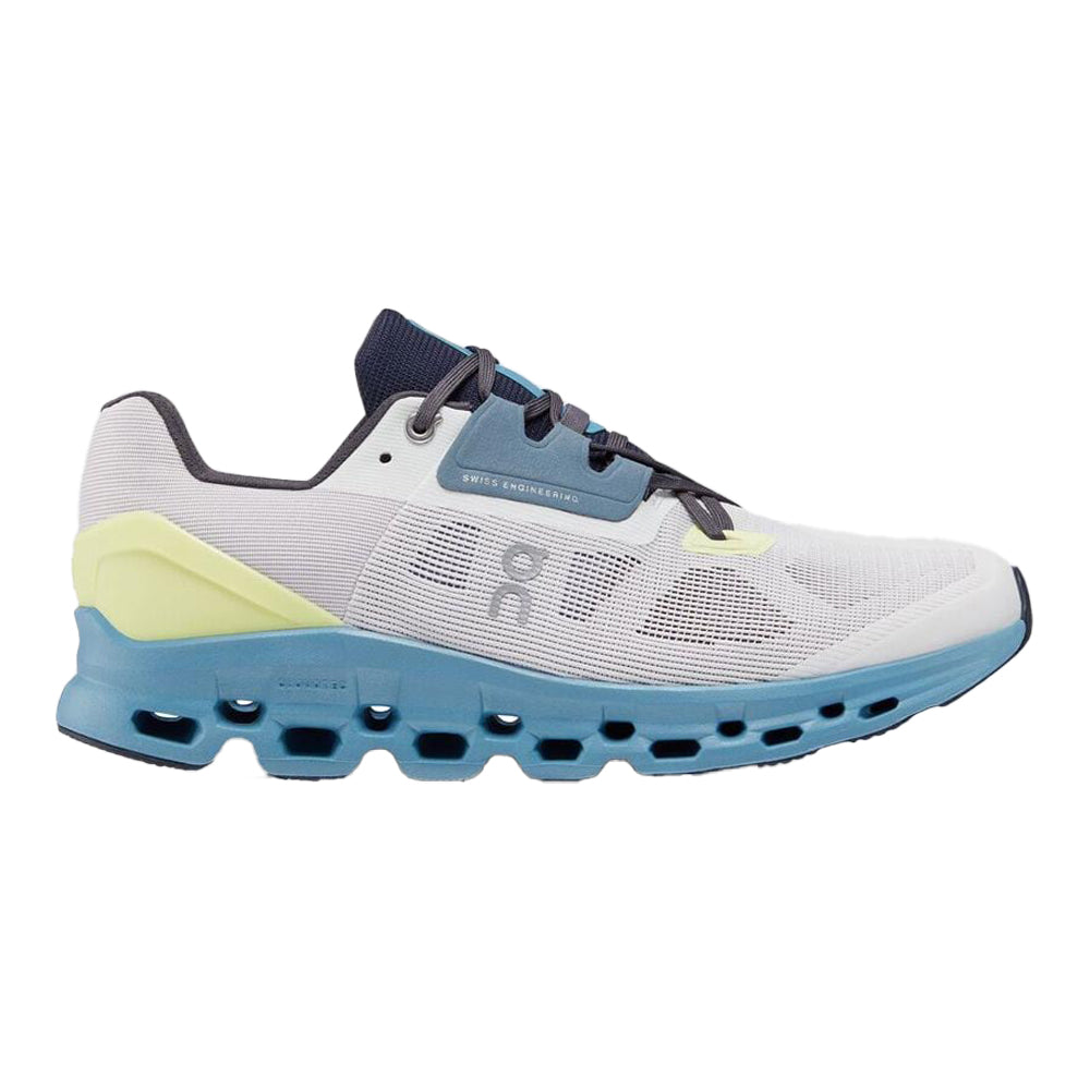 Side view on white background of Mens On Cloudstratus running shoe in Frost/Niagara, Medium (Regular) width