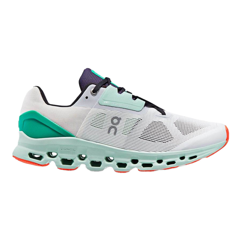 Side view on white background of Mens On Cloudstratus running shoe in Undyed-White/Creek, Medium (Regular) width