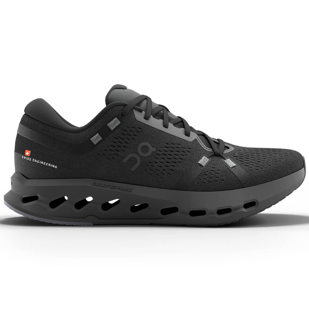 Side view on white background of Mens On Cloudsurfer running shoe in Black/Black, Medium (Regular) width