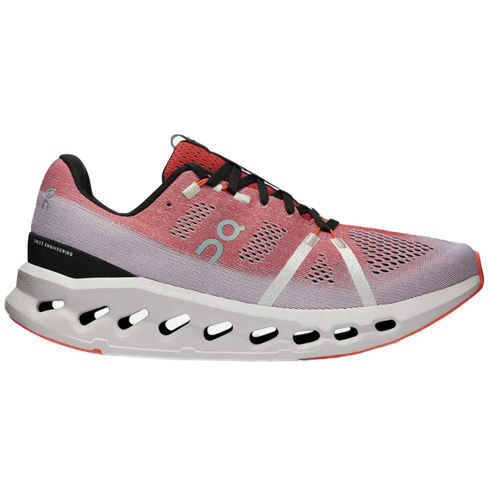 Side view on white background of Mens On Cloudsurfer running shoe in Auburn/Frost, Medium (Regular) width