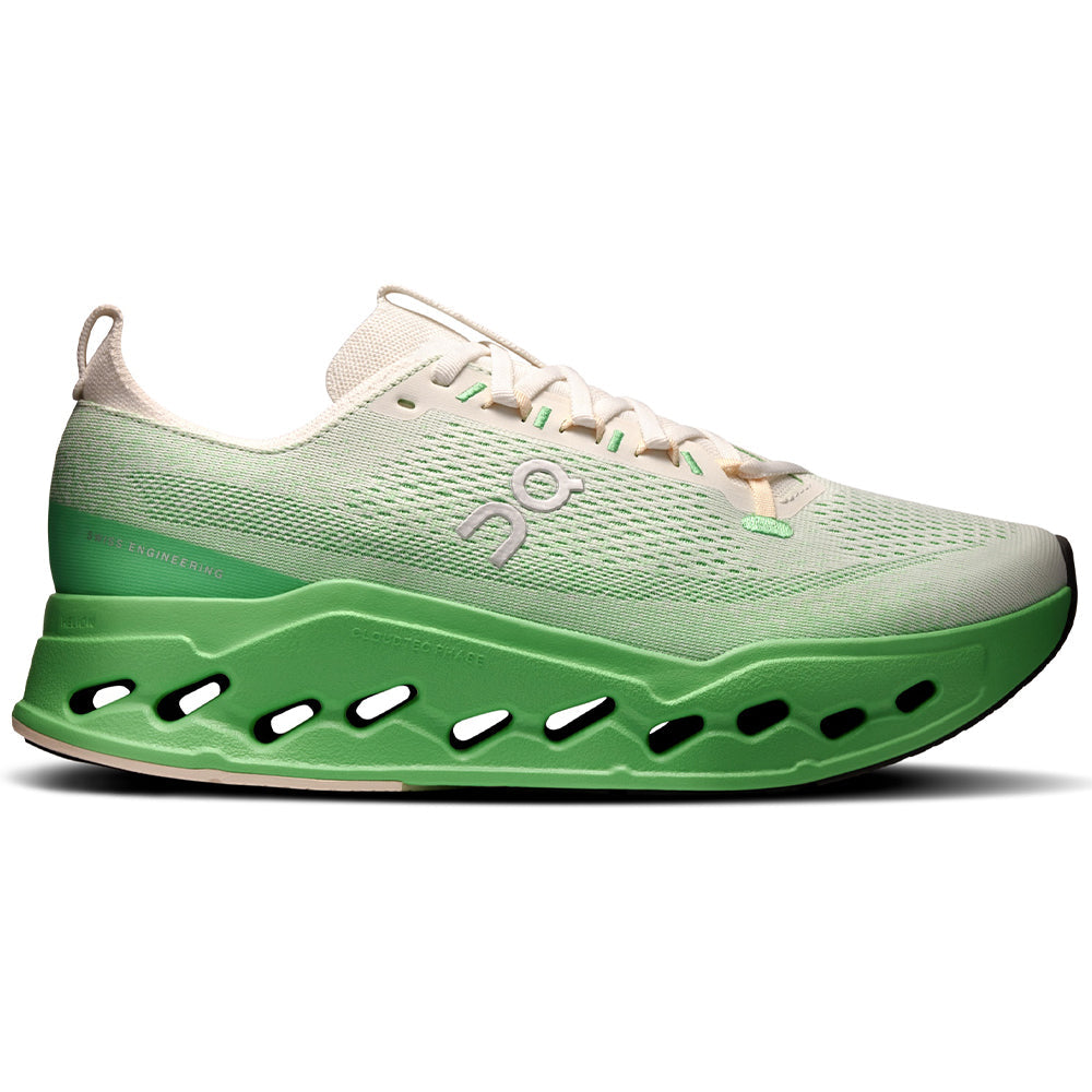 Side view on white background of Mens On Cloudsurfer running shoe in Ivory/Honeydew, Medium (Regular) width