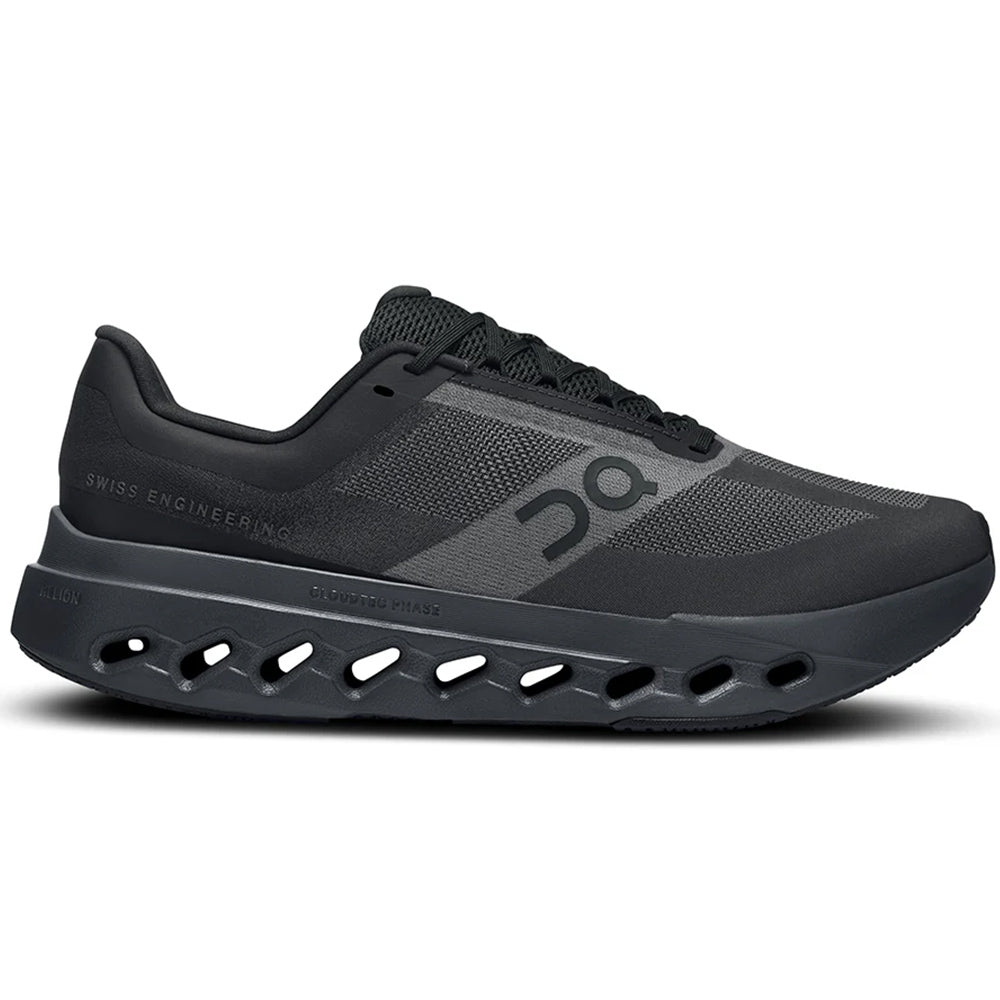 Side view on white background of Mens On Cloudsurfer running shoe in Black/Eclipse, Medium (Regular) width