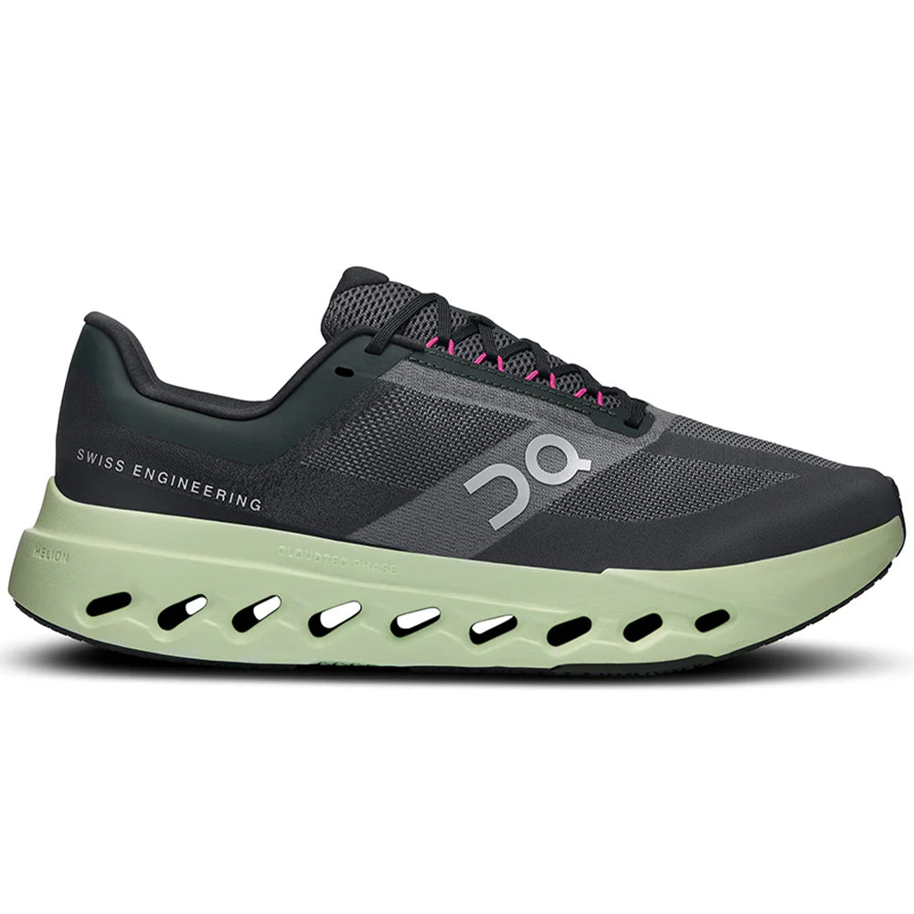 Side view on white background of Mens On Cloudsurfer running shoe in Black/Lima, Medium (Regular) width