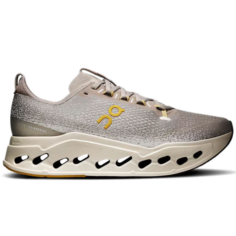 Side view on white background of Mens On Cloudsurfer running shoe in Cinder/Pelican, Medium (Regular) width