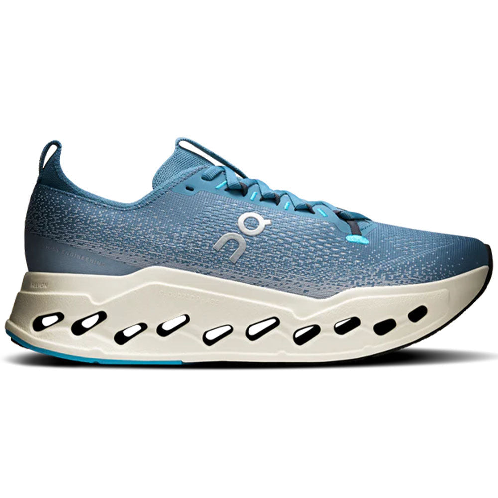 Side view on white background of Mens On Cloudsurfer running shoe in Dust/Ivory, Medium (Regular) width