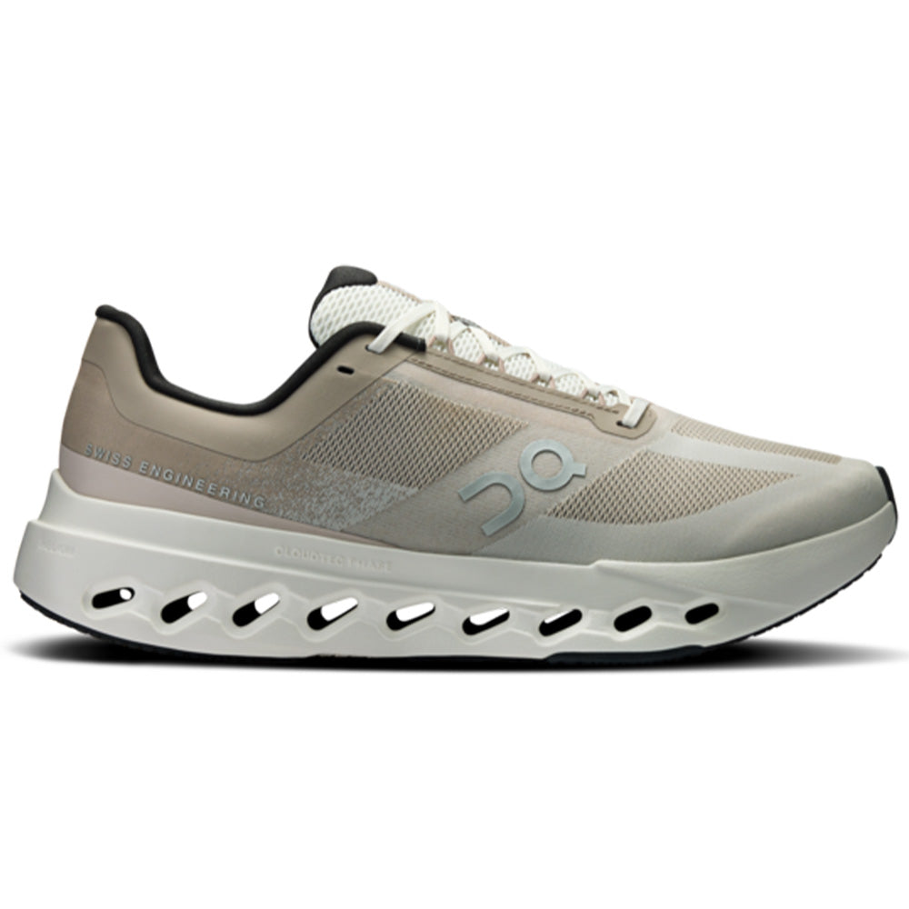Side view on white background of Mens On Cloudsurfer Next running shoe in Fog/Ivory, Medium (Regular) width