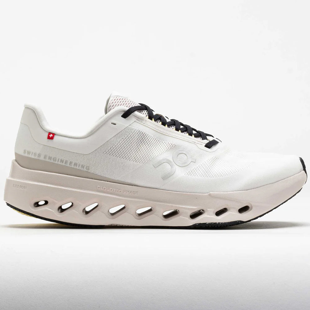 Side view on white background of Mens On Cloudsurfer running shoe in Ivory/Silver, Medium (Regular) width