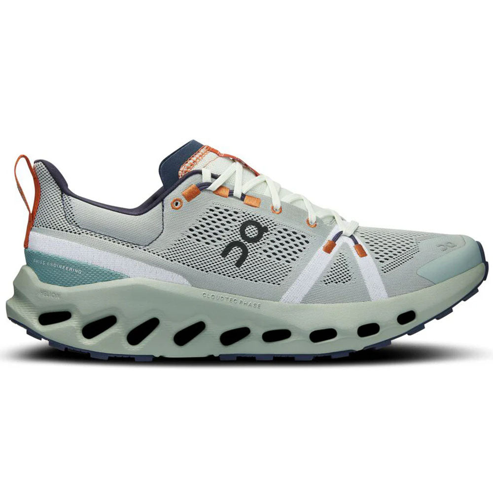 Side view on white background of Mens On Cloudsurfer running shoe in Aloe/Mineral, Medium (Regular) width
