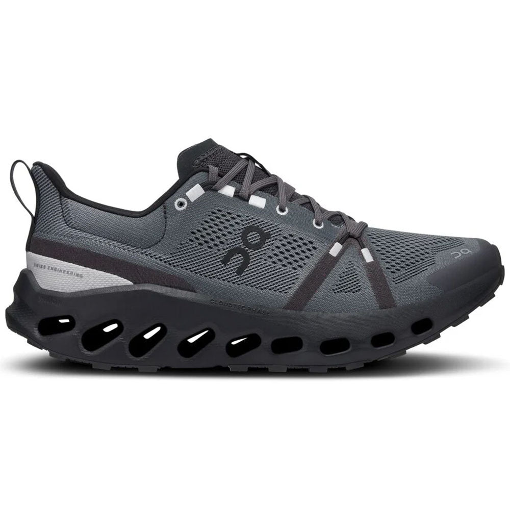 Side view on white background of Mens On Cloudsurfer running shoe in Eclipse/Black, Medium (Regular) width