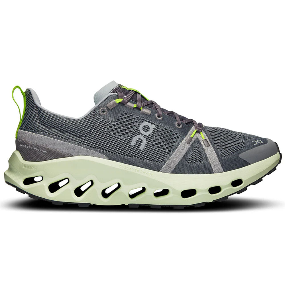 Side view on white background of Mens On Cloudsurfer running shoe in Iron/Lima, Medium (Regular) width