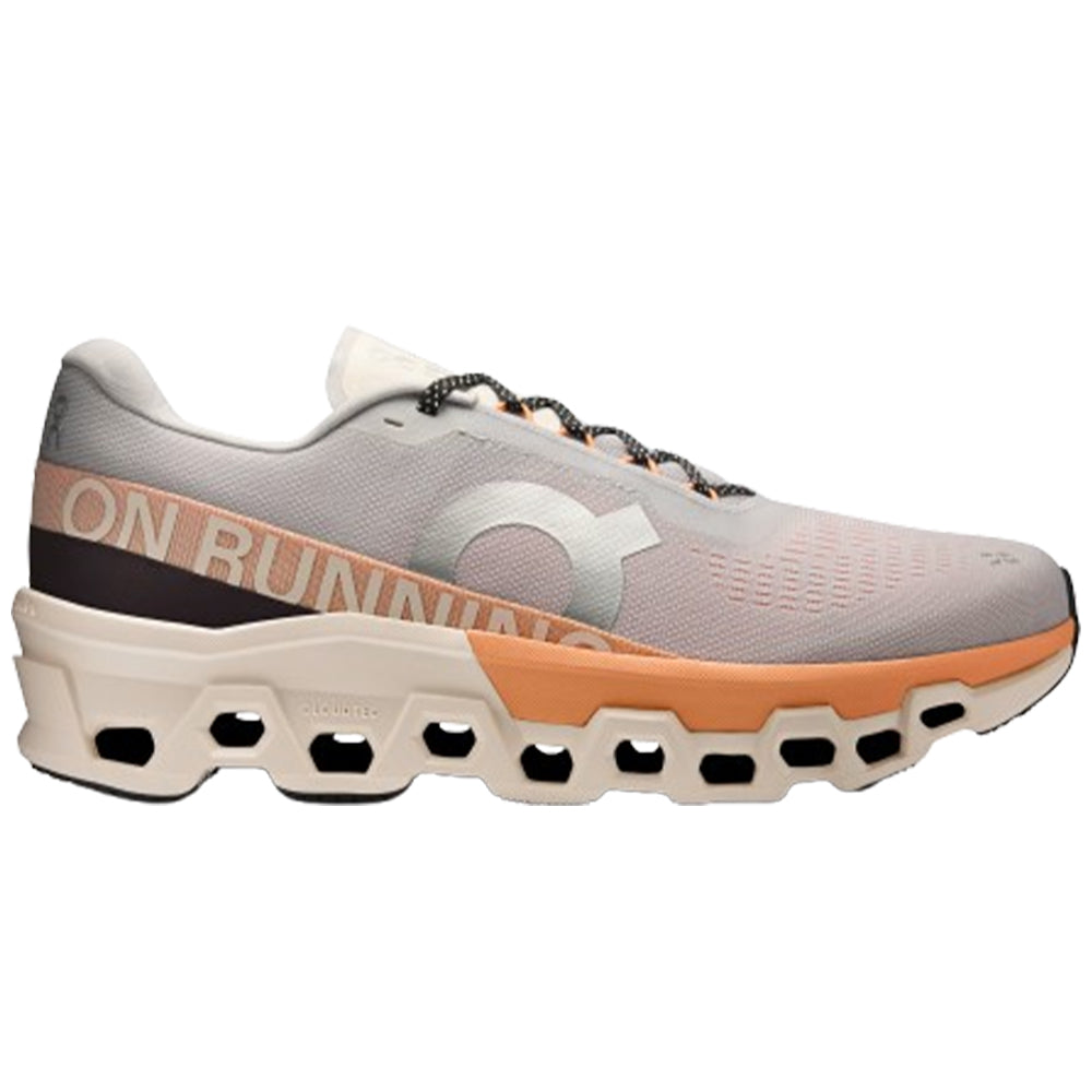 Side view on white background of Mens On Cloudmonster running shoe in Glacier/Tangerine, Medium (Regular) width