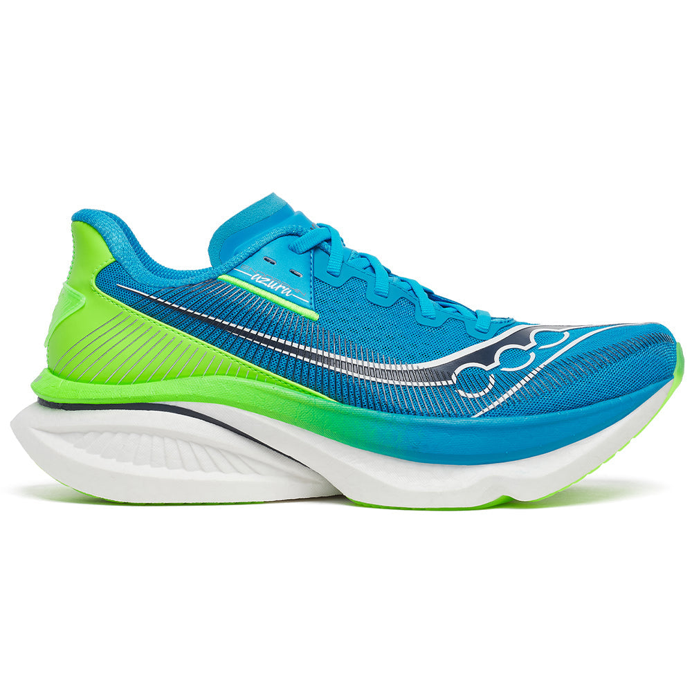 Side view on white background of Mens Saucony Endorphin Azura running shoe in Cobalt/Slime, Medium (Regular) width