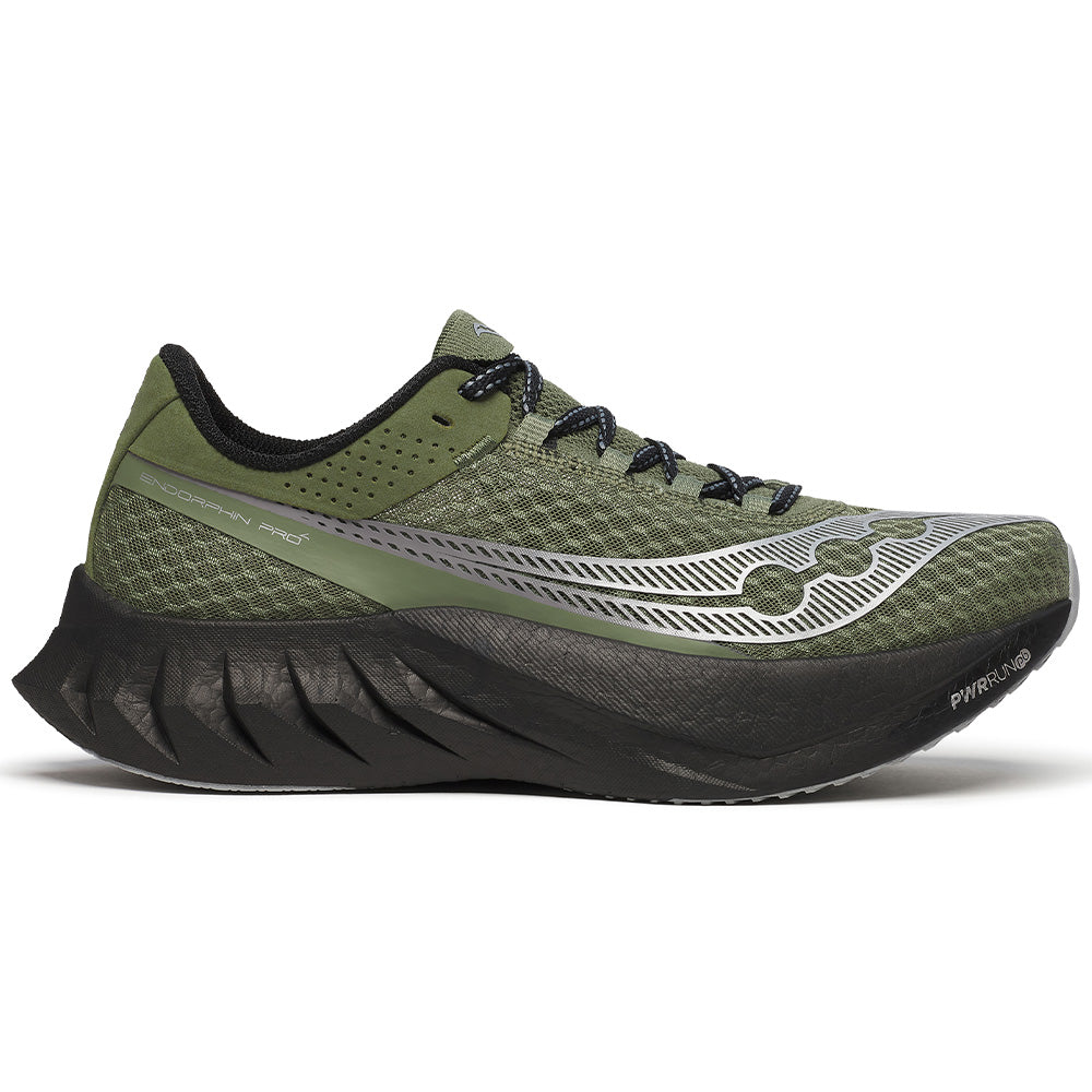 Side view on white background of Mens Saucony Endorphin Pro running shoe in Olivine/Black, Medium (Regular) width