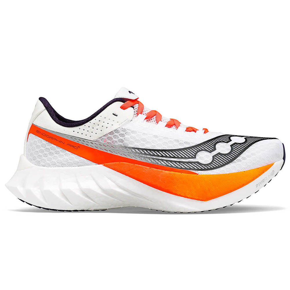 Side view on white background of Mens Saucony Endorphin Pro running shoe in White/Black, Medium (Regular) width