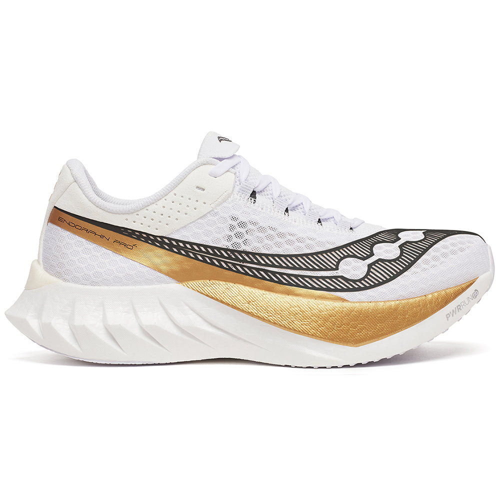 Side view on white background of Mens Saucony Endorphin Pro 4 running shoe in White/Gold, Medium (Regular) width