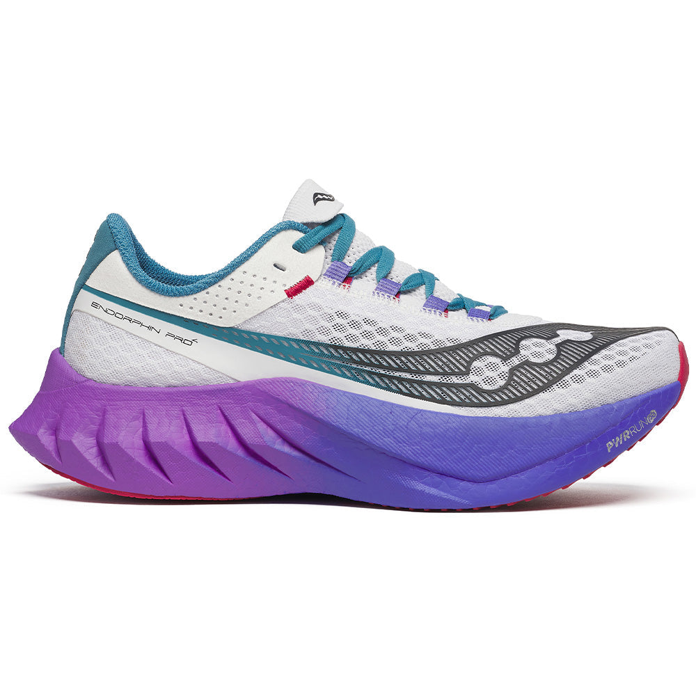Side view on white background of Womens Saucony Endorphin Pro running shoe in White/Shadow, Medium (Regular) width