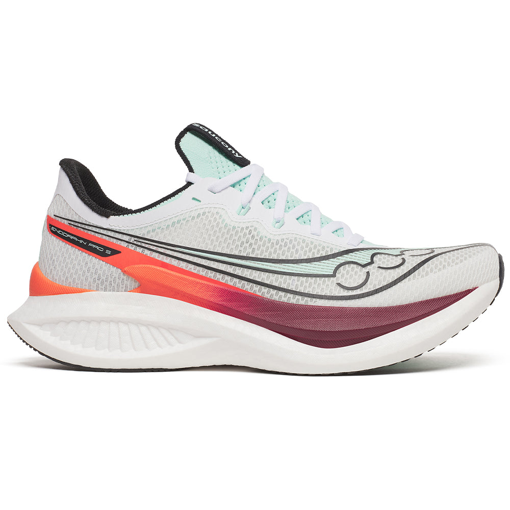 Side view on white background of Mens Saucony Endorphin Pro running shoe in White/Crimson, Medium (Regular) width