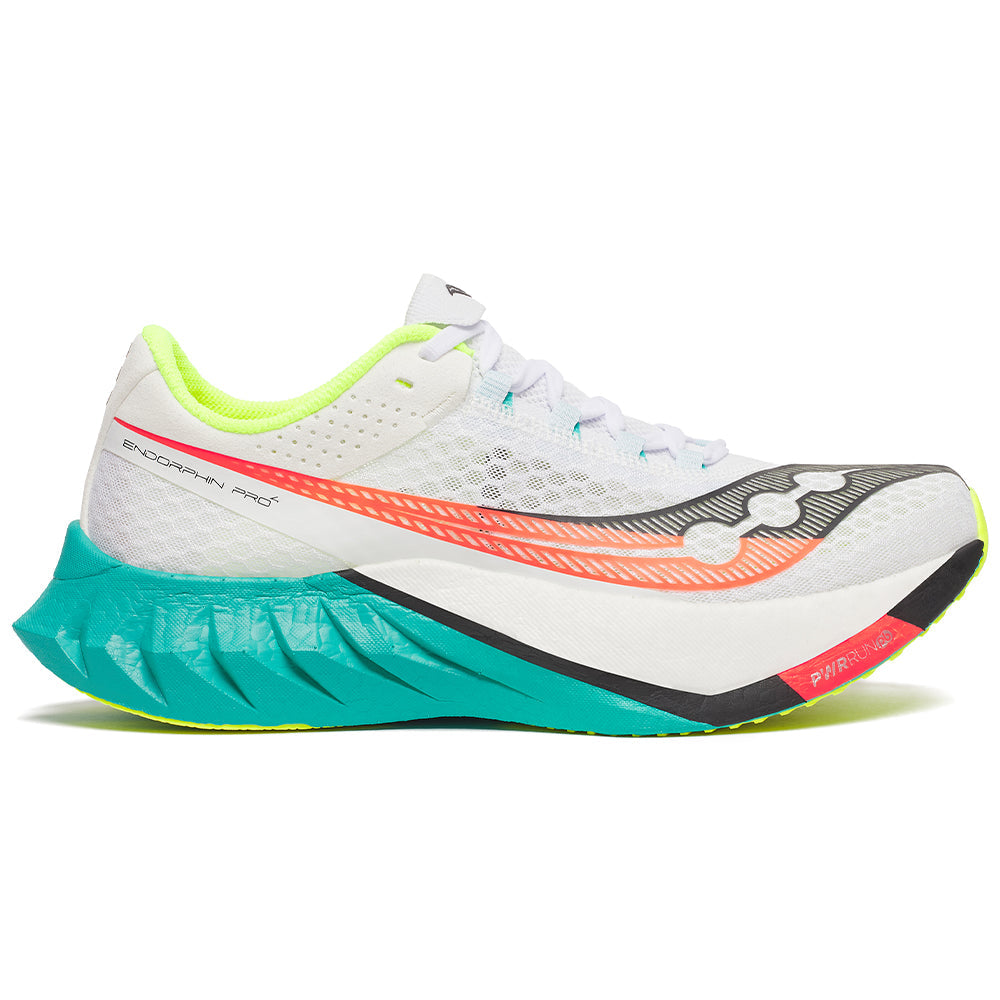Side view on white background of Mens Saucony Endorphin Pro 4 running shoe in White/Mutant, Medium (Regular) width