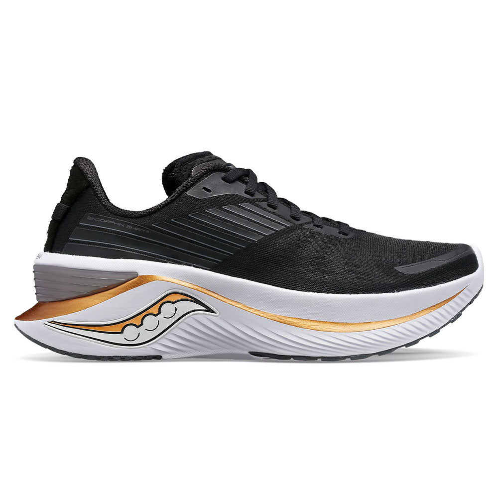 Side view on white background of Mens Saucony Endorphin Shift running shoe in Black/Goldstrck, Wide width