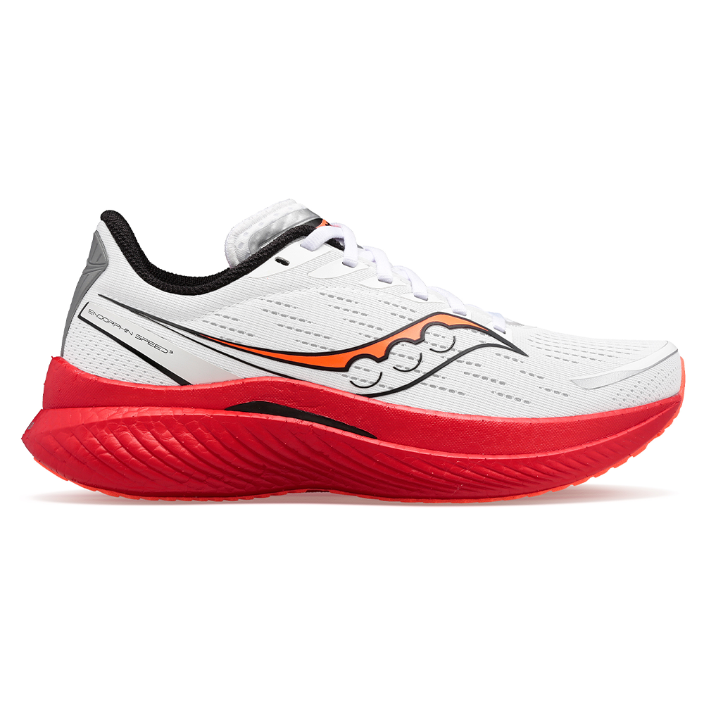Side view on white background of Mens Saucony Endorphin Speed running shoe in White/Black/Vizi, Medium (Regular) width