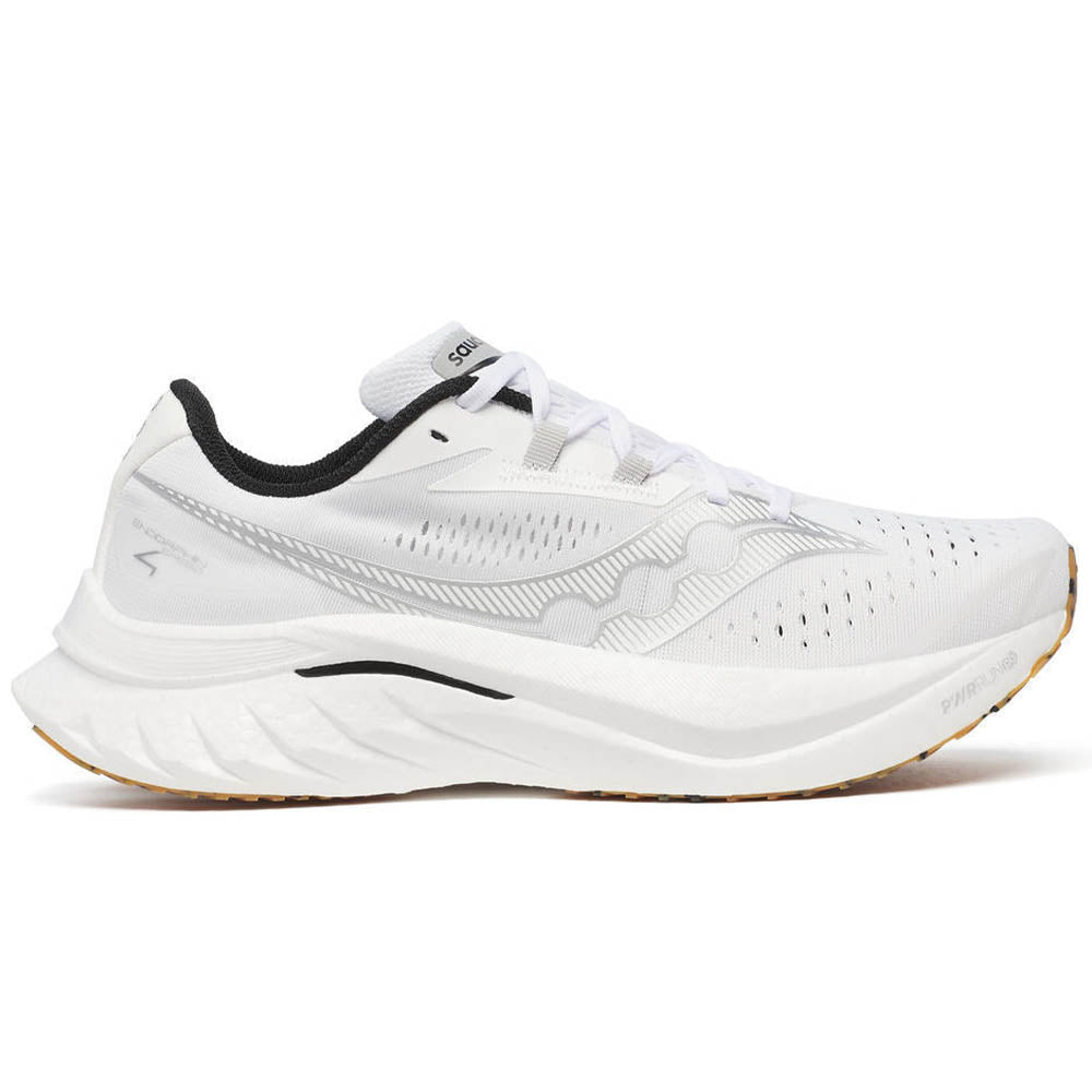 Side view on white background of Mens Saucony Endorphin Speed 4 running shoe in White/Gum, Medium (Regular) width