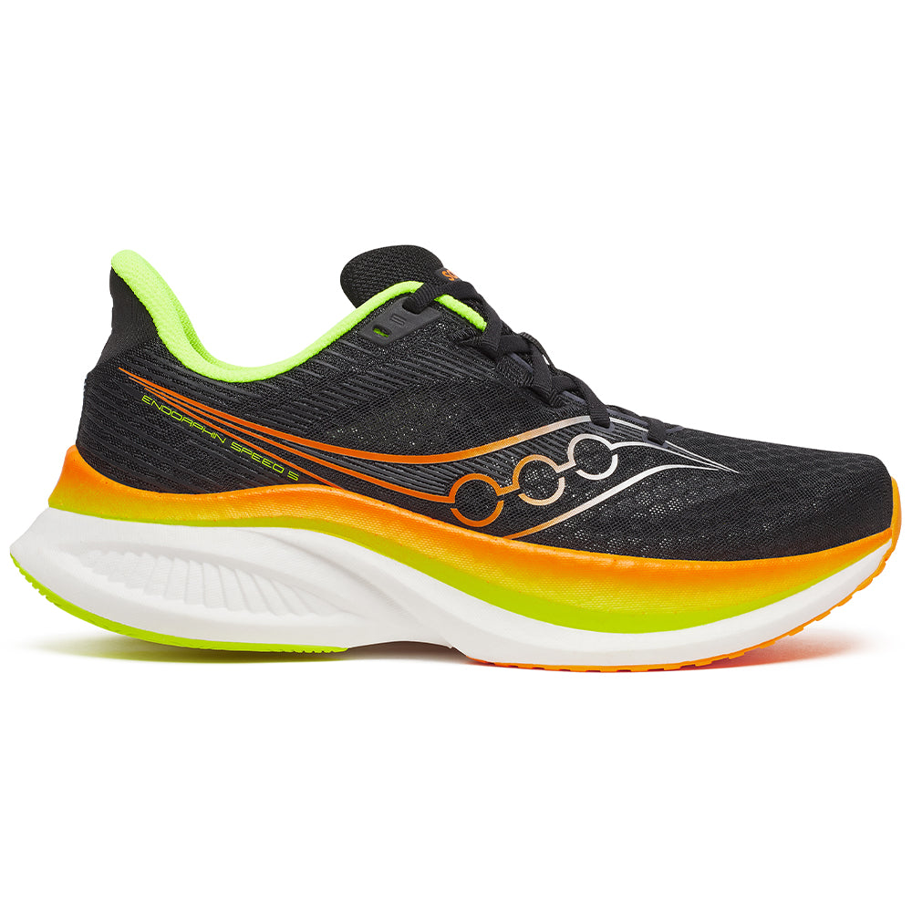 Side view on white background of Mens Saucony Endorphin running shoe in Black/Vo2, Medium (Regular) width