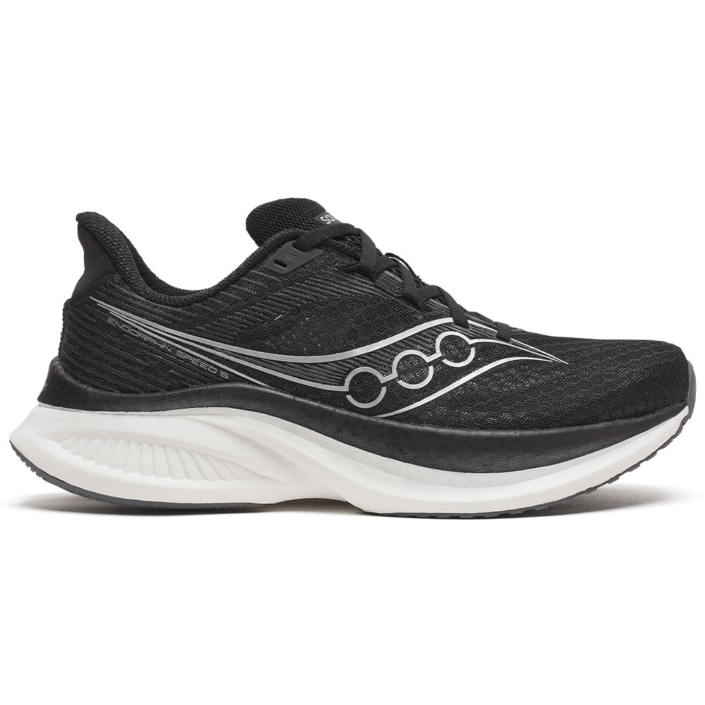 Side view on white background of Mens Saucony Endorphin running shoe in Black/White, Medium (Regular) width
