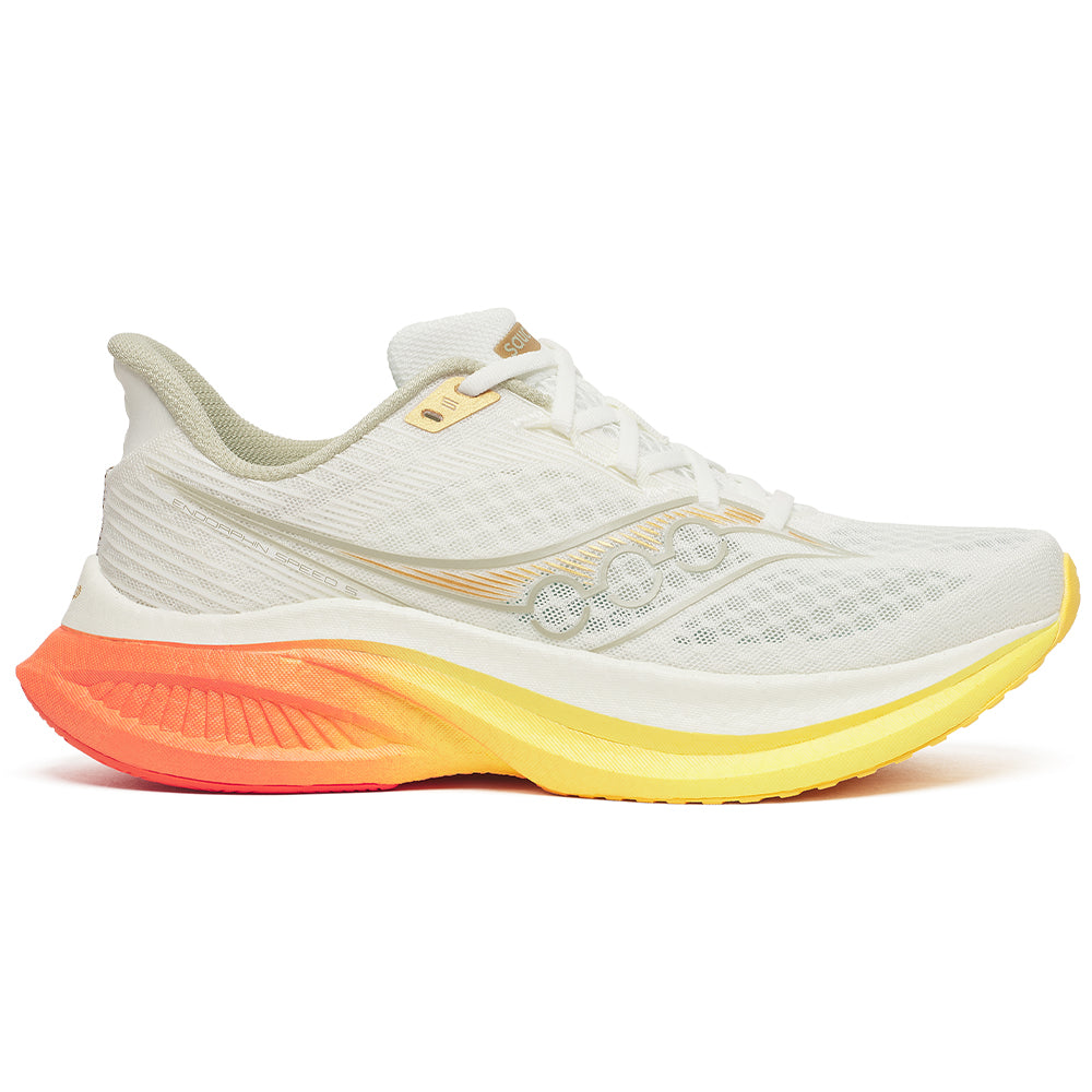 Side view on white background of Mens Saucony Endorphin running shoe in Ivory/Fire, Medium (Regular) width