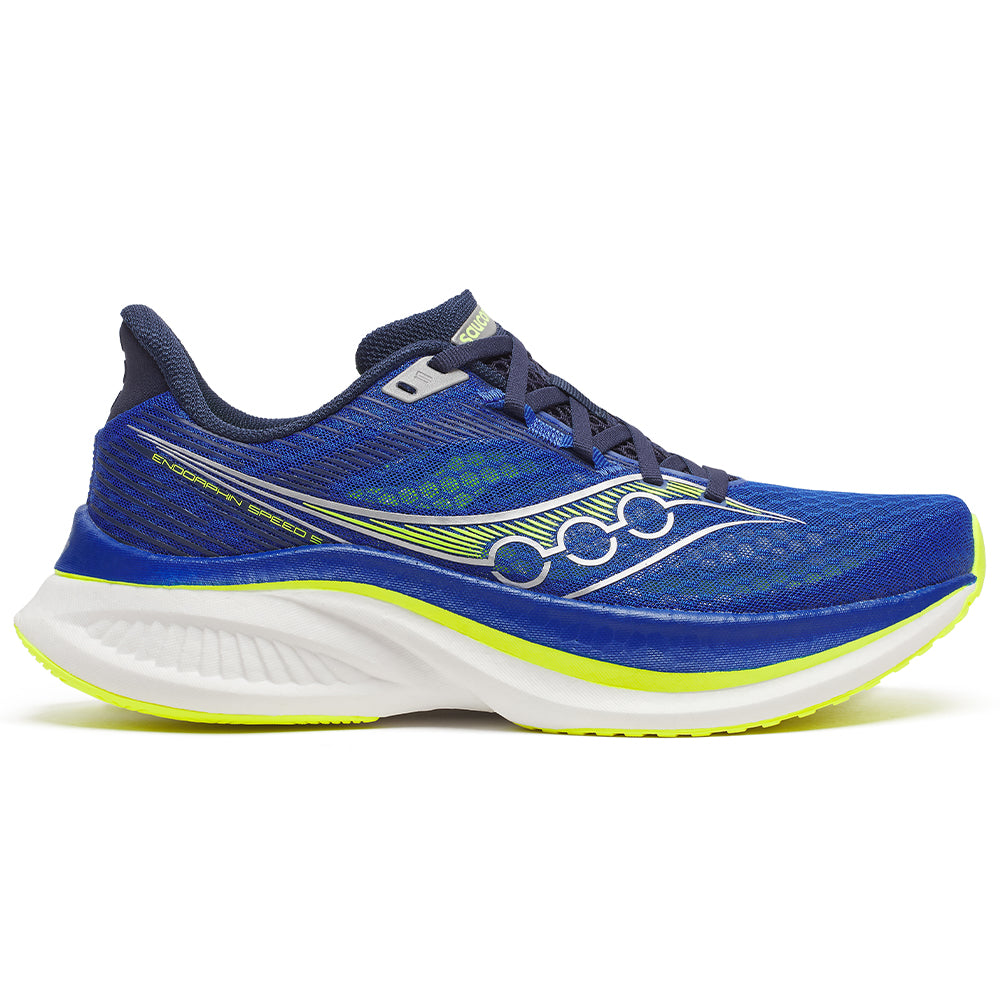 Side view on white background of Mens Saucony Endorphin running shoe in Lapis/Navy, Medium (Regular) width