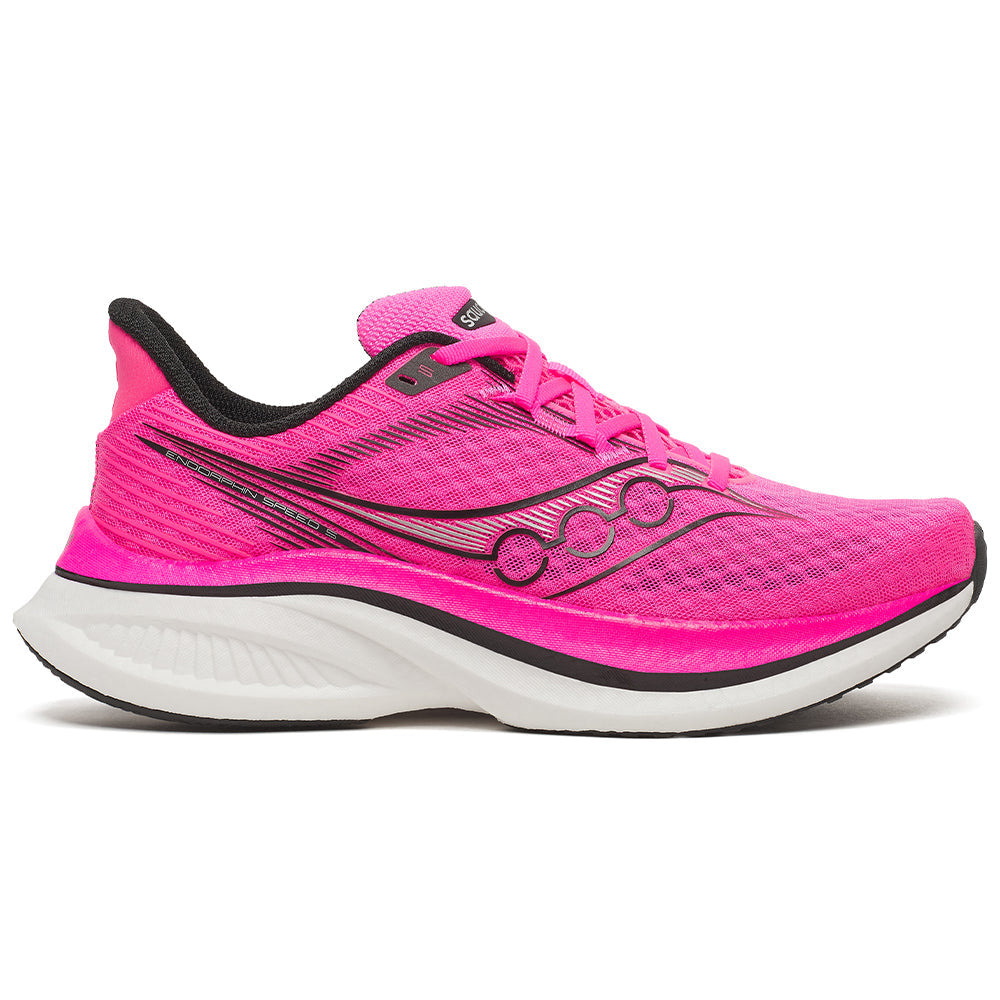 Side view on white background of Mens Saucony Endorphin running shoe in Shock/Black, Medium (Regular) width