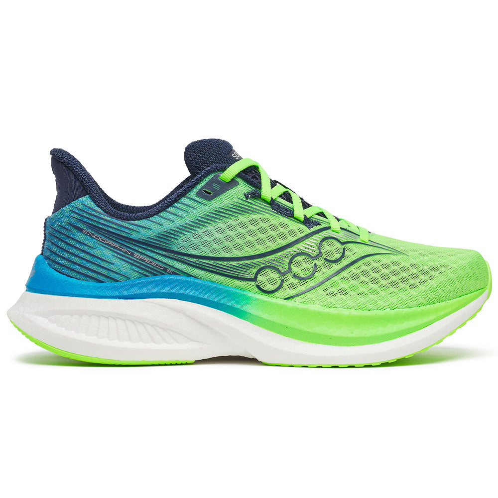Side view on white background of Mens Saucony Endorphin running shoe in Slime/Cobalt, Medium (Regular) width