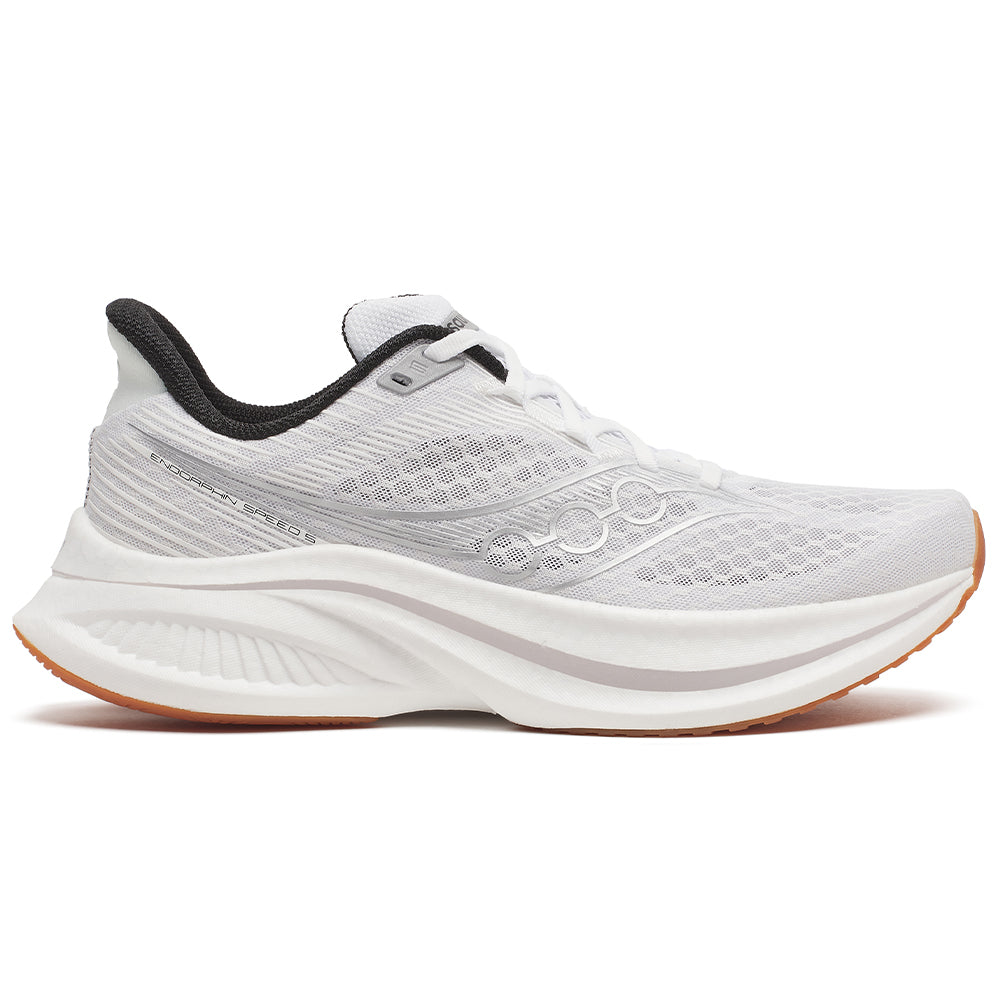 Side view on white background of Mens Saucony Endorphin running shoe in White/Gum, Medium (Regular) width