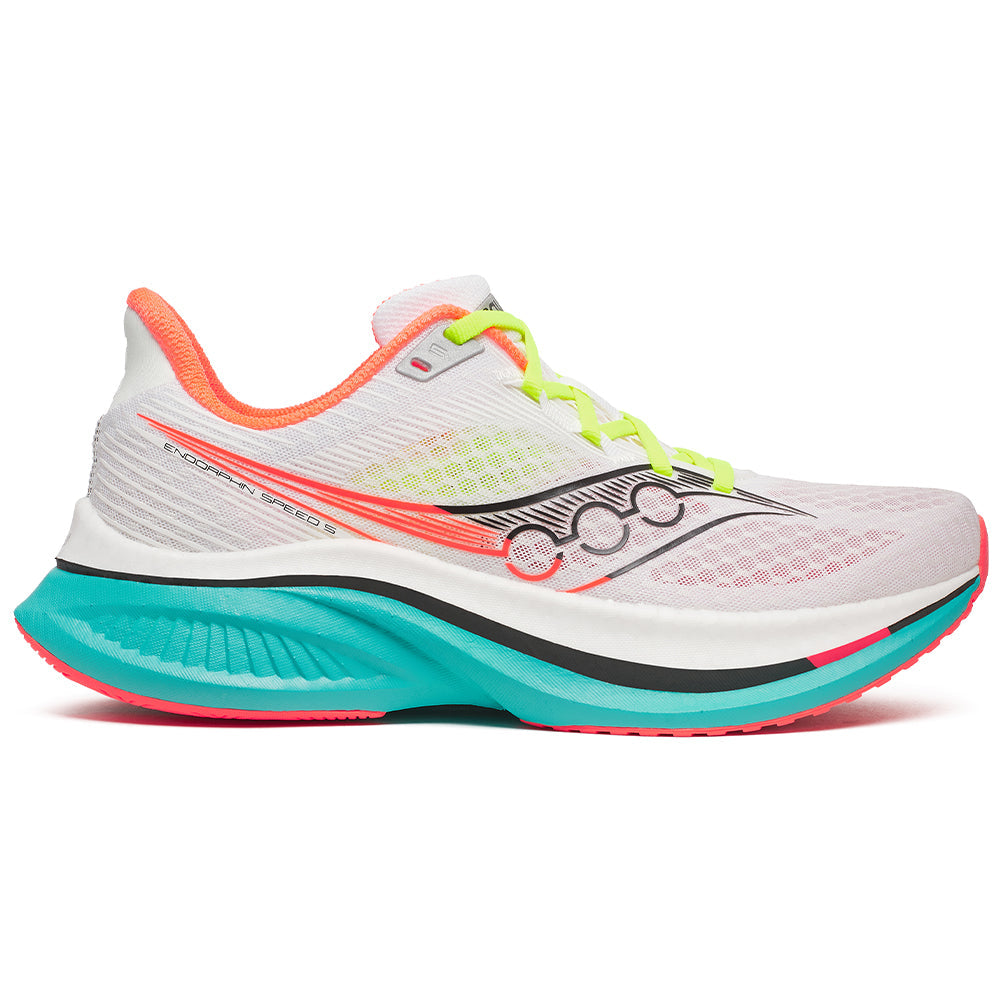 Side view on white background of Mens Saucony Endorphin running shoe in White/Mutant, Medium (Regular) width