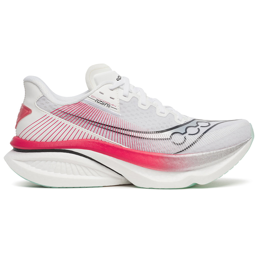 Side view on white background of Mens Saucony Endorphin Azura running shoe in White/Salsa, Medium (Regular) width