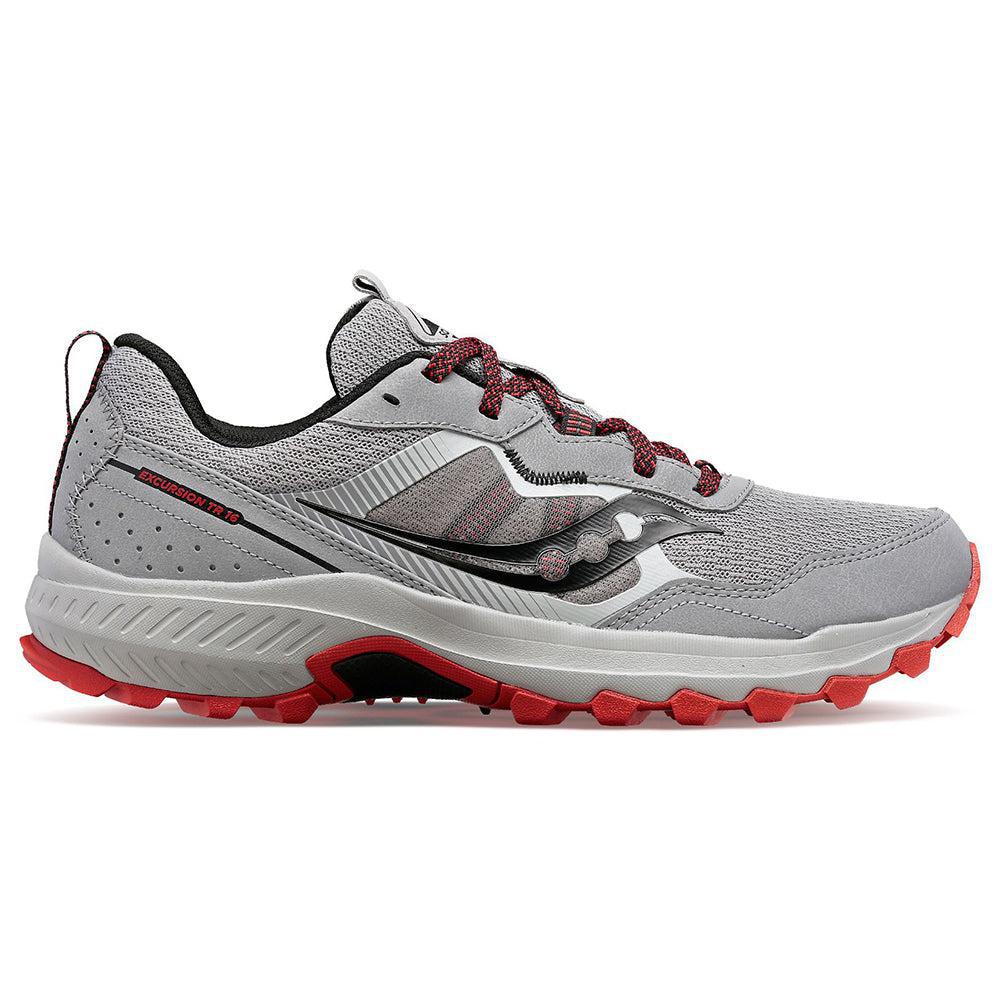 Side view on white background of Mens Saucony Excursion running shoe in Alloy/Lava, Wide width