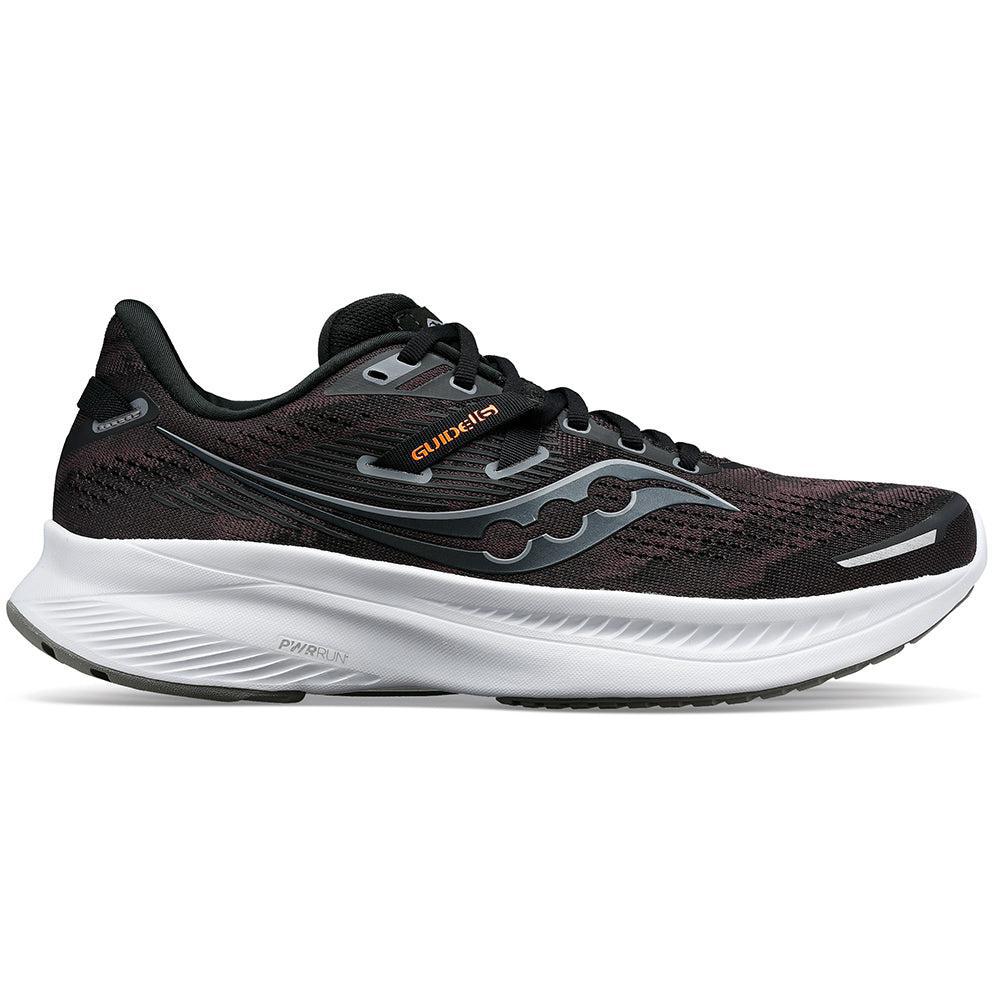 Side view on white background of Mens Saucony Guide running shoe in Black/White, Medium (Regular) width