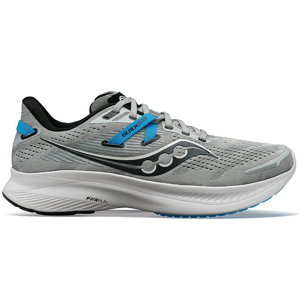 Side view on white background of Mens Saucony Guide running shoe in Concrete/Viziblue, Medium (Regular) width