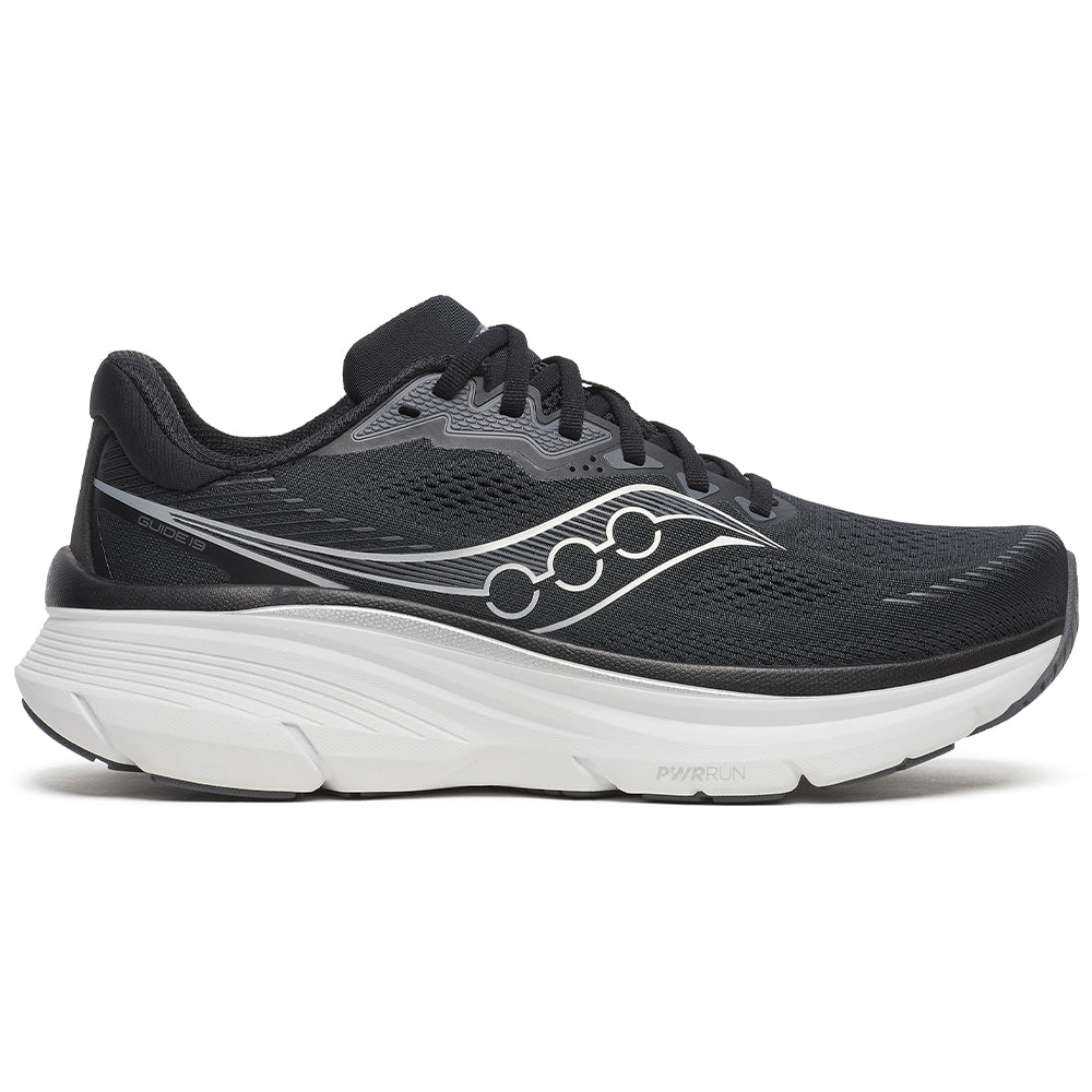 Side view on white background of Mens Saucony Guide running shoe in Black/Silver, Medium (Regular) width