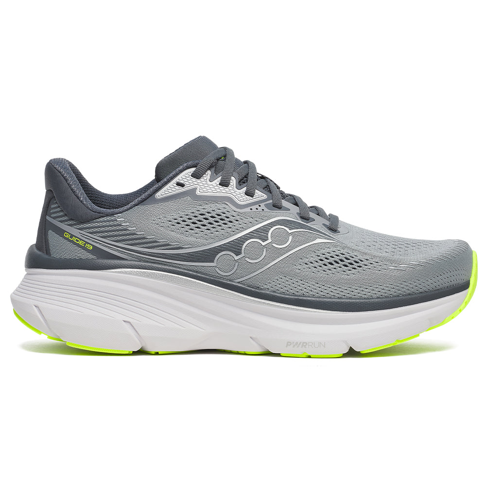 Side view on white background of Mens Saucony Guide running shoe in Fossil/Shadow, Medium (Regular) width