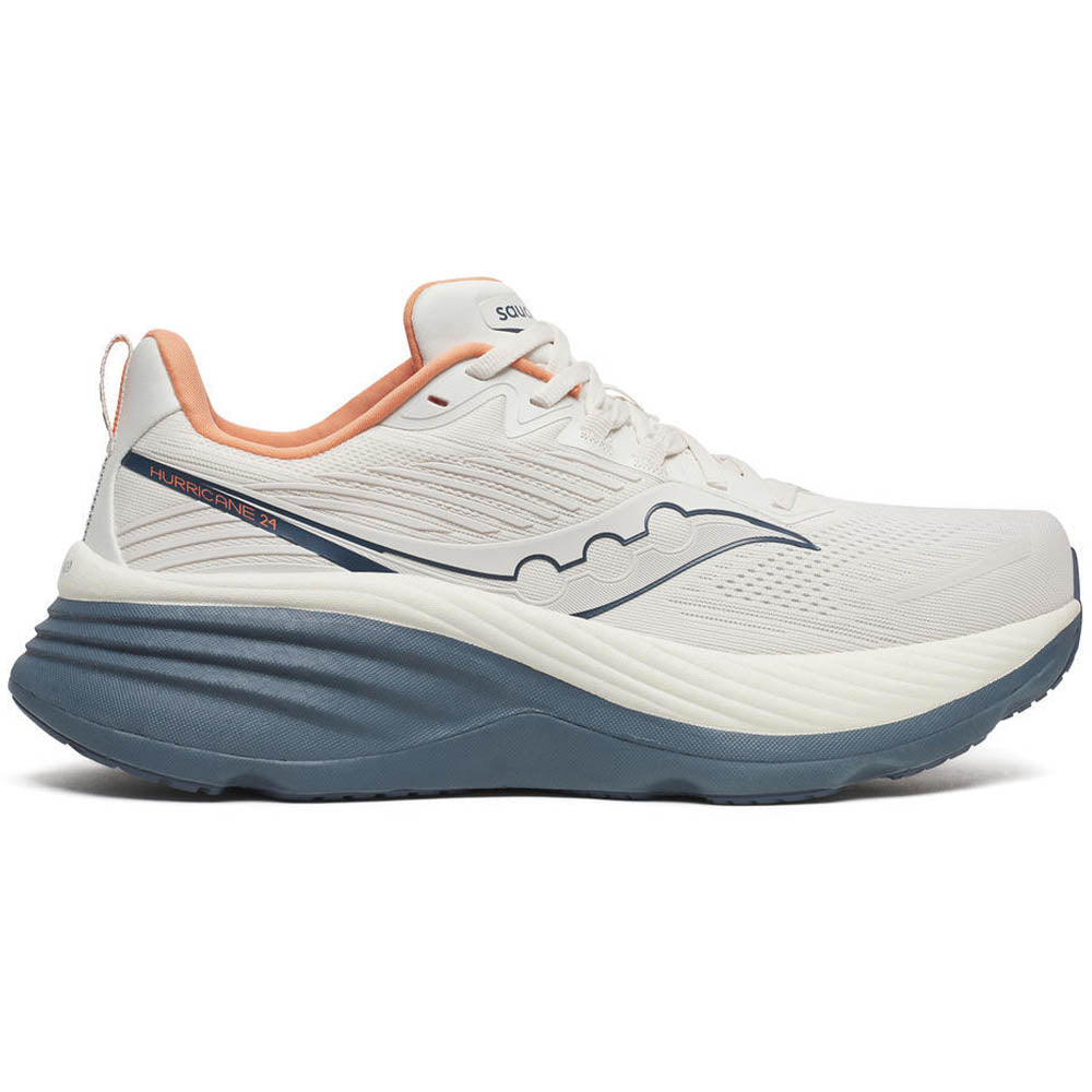 Side view on white background of Mens Saucony Hurricane running shoe in Vanilla/Dusk, Medium (Regular) width
