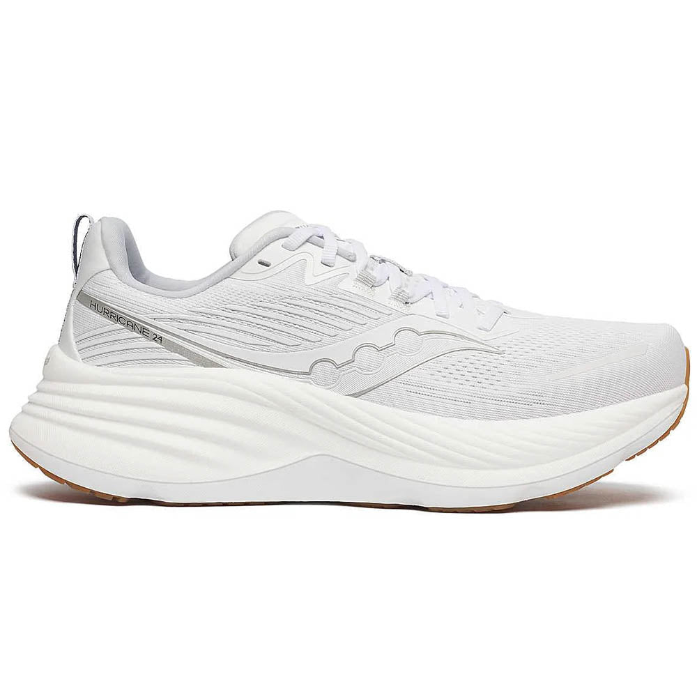 Side view on white background of Mens Saucony Hurricane 24 running shoe in White/Silver, Medium (Regular) width
