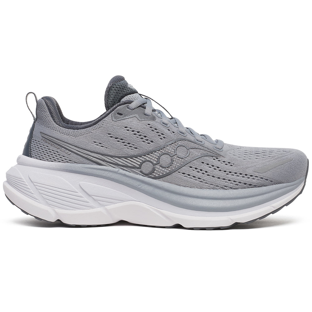 Side view on white background of Mens Saucony Hurricane running shoe in Cinder/Shadow, Medium (Regular) width