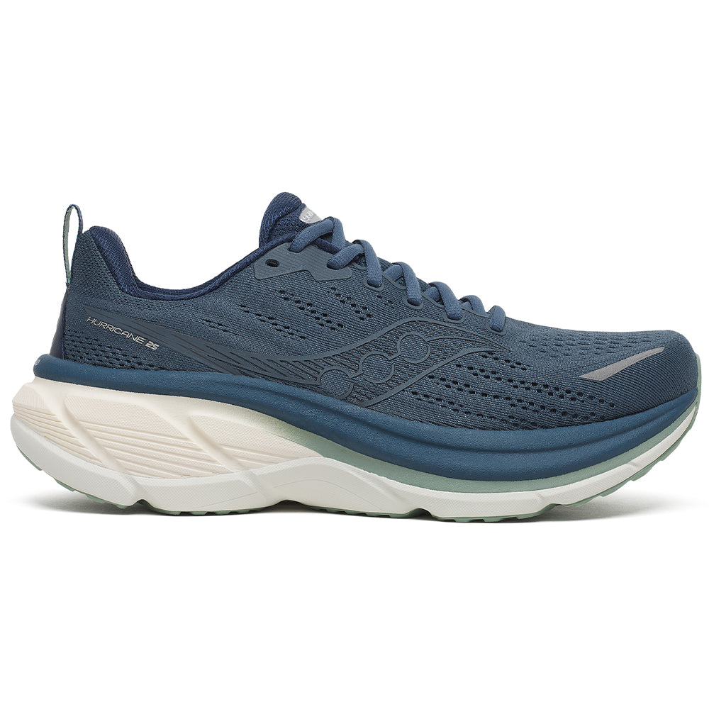 Side view on white background of Mens Saucony Hurricane running shoe in Dusk/Iceberg, Medium (Regular) width