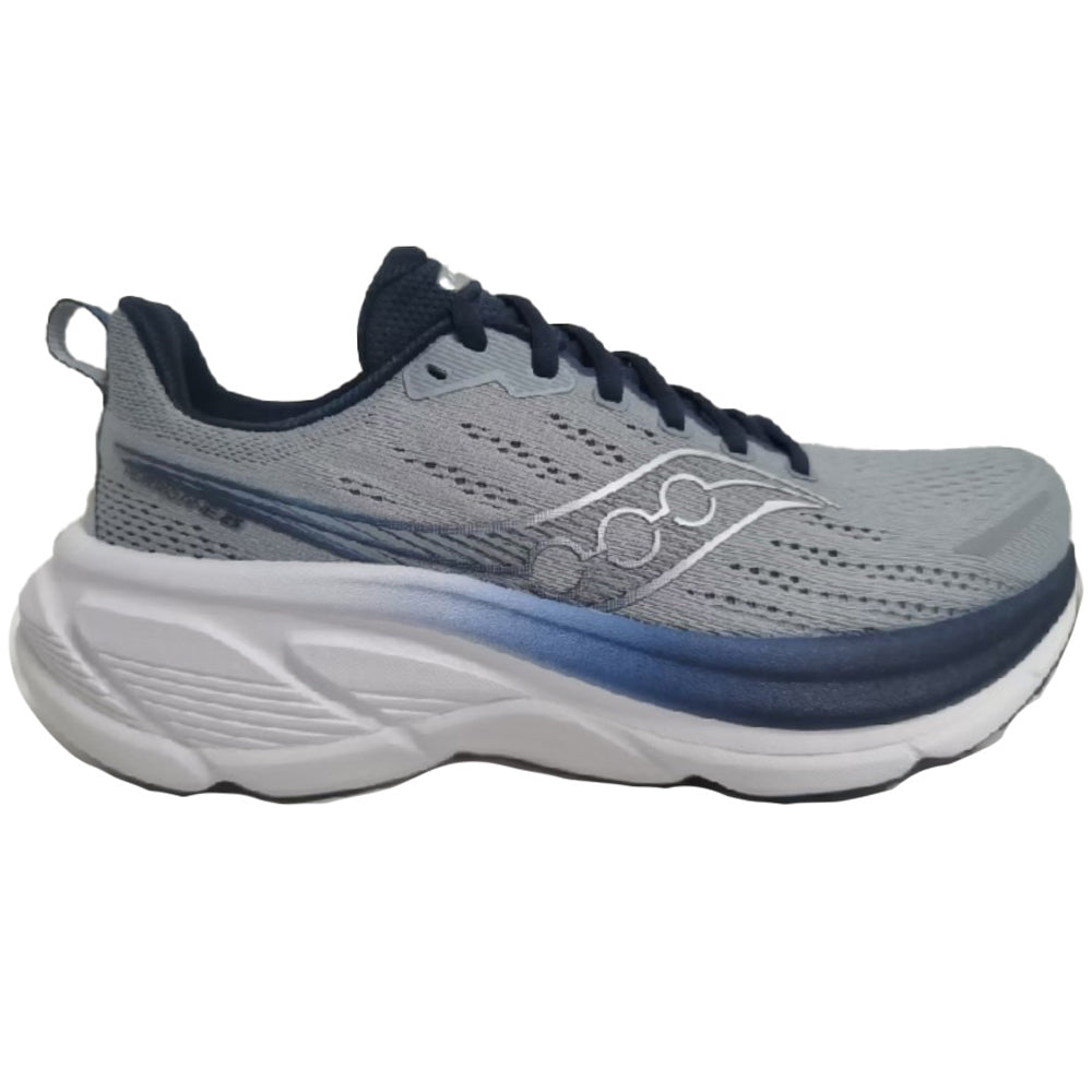 Side view on white background of Mens Saucony Hurricane running shoe in Flint/Navy, Wide width
