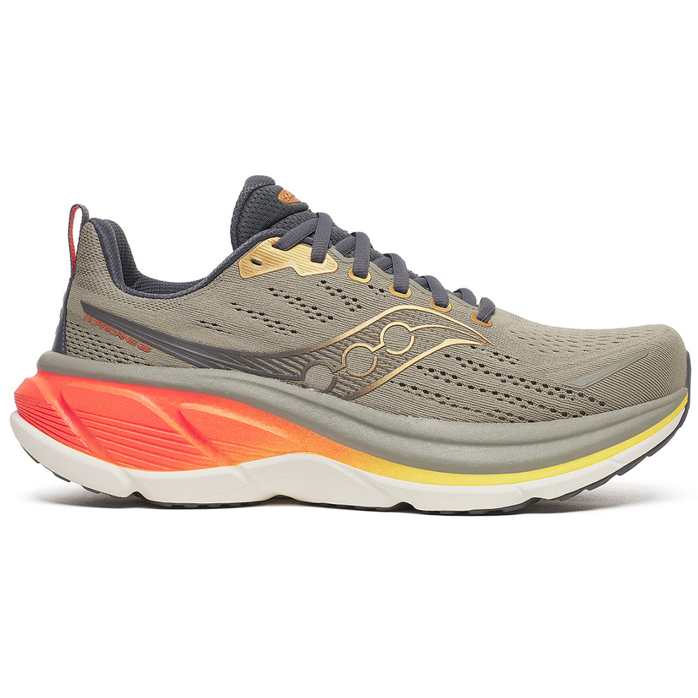 Side view on white background of Mens Saucony Hurricane running shoe in Laurel/Fire, Medium (Regular) width