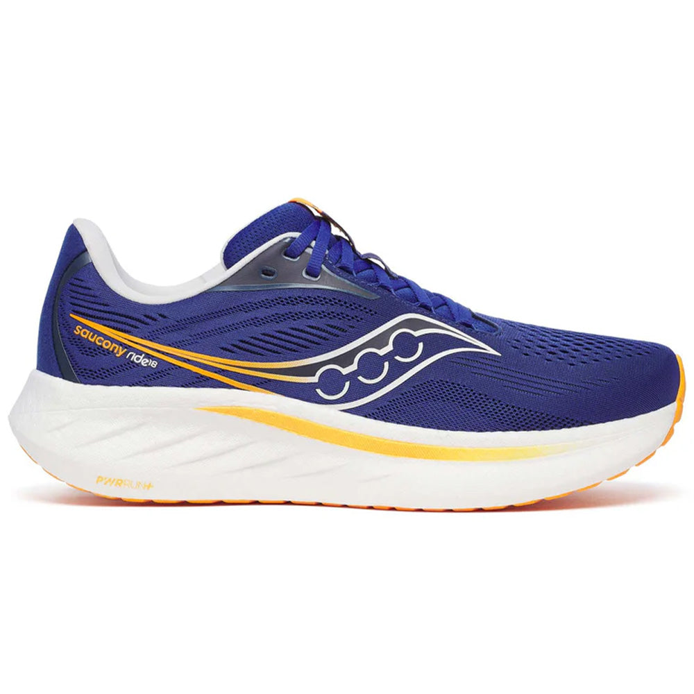 Side view on white background of Mens Saucony Ride running shoe in Azurite/Peel, Medium (Regular) width